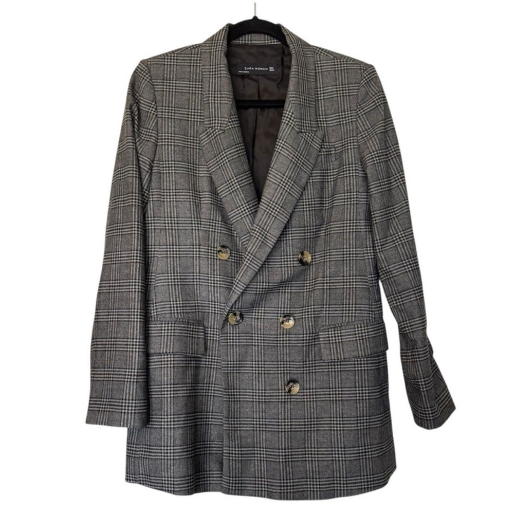 Zara‎ Woman Double Breasted Plaid Blazer Gray Black & White
